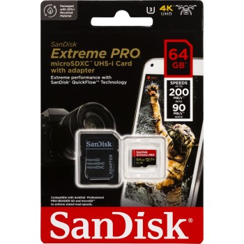 SanDisk Extreme Pro microSD 64B+SD Adpt 200MB/s A2 V30 UHS-I U3