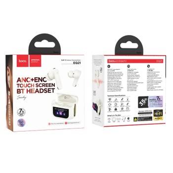Hoco EQ21 Wireless Hands Free Sandy 400mAh v5.4 με ANC ENC TWS 7 Ώρες Ομιλίας και Οθόνη Αφής Λευκά