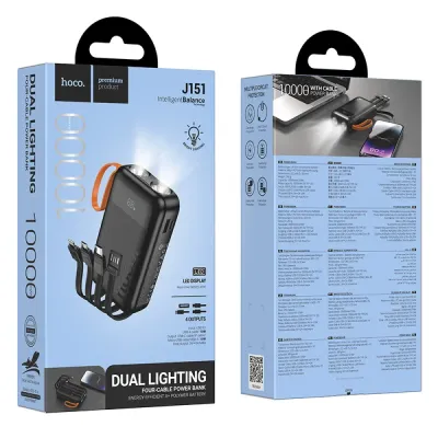 Hoco J151 Power Bank Spirit 10000mAh με 4 Καλώδια Φόρτισης, Φακό και LED Ένδειξη Μαύρο
