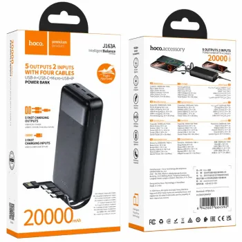 Hoco J163A Power Bank 20000mAh 5V/2A QC 1xUSB-C 2xUSB-A Ενσωματωμένα Καλώδια USB-A USB-C Lightning MicroUSB και LED Ένδειξη Μαύρο