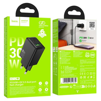 HOCO 220V 30W, GaN, USB-A + USB-C, Nuevo /black/ - N71