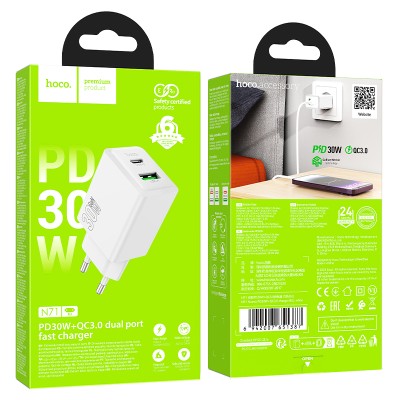 HOCO 220V 30W, GaN, USB-A + USB-C, Nuevo /white/ - N71
