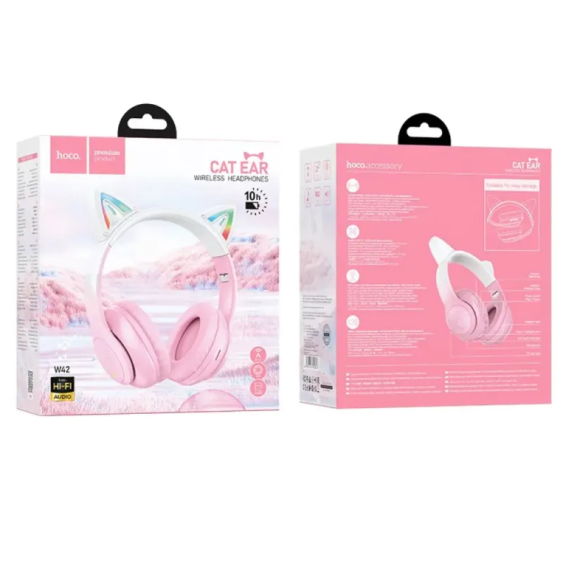 Hoco W42 Wireless Ακουστικά Stereo Cat Ears 400mAh Micro SD και AUX Cherry Blossom