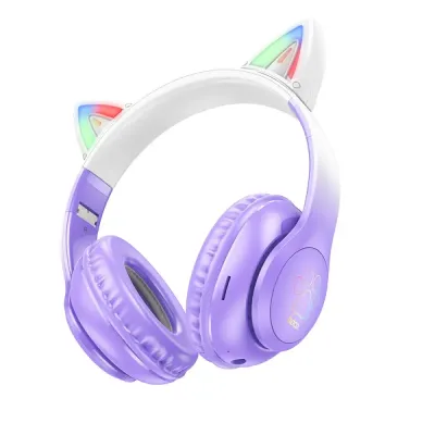 Hoco W42 Wireless Ακουστικά Stereo Cat Ears 400mAh Micro SD και AUX Purple Grape