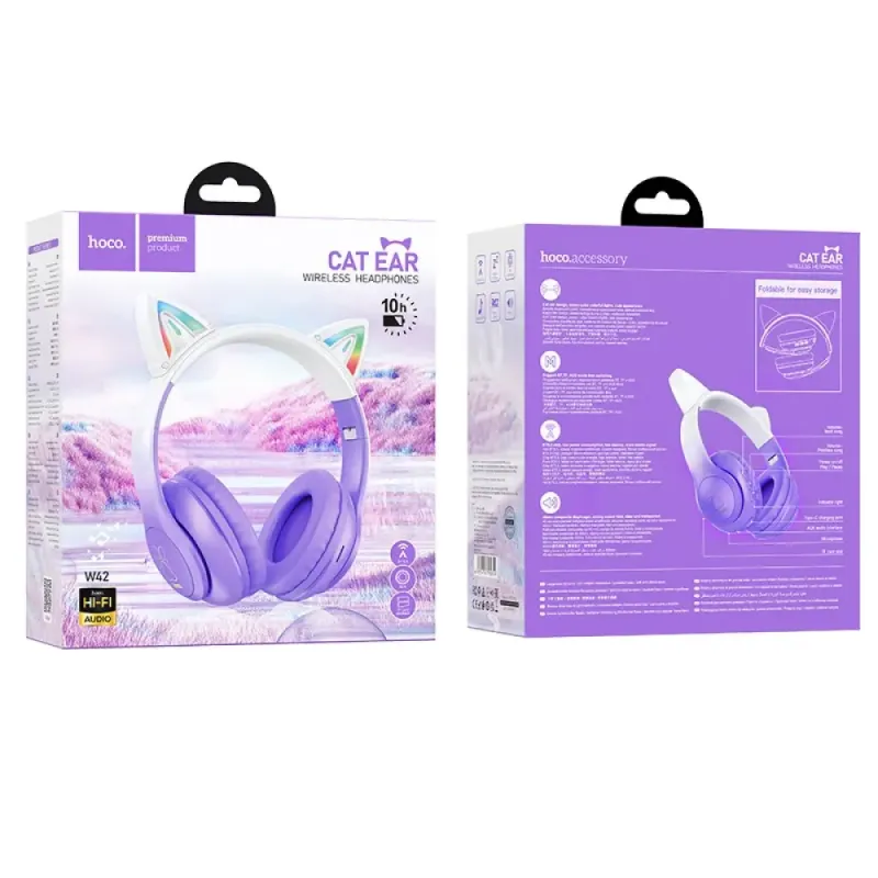Hoco W42 Wireless Ακουστικά Stereo Cat Ears 400mAh Micro SD και AUX Purple Grape