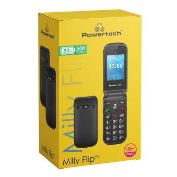 POWERTECH κινητό τηλέφωνο Milly Flip V2, 2.4", dual SIM, πλήκτρο SOS, μαύρο