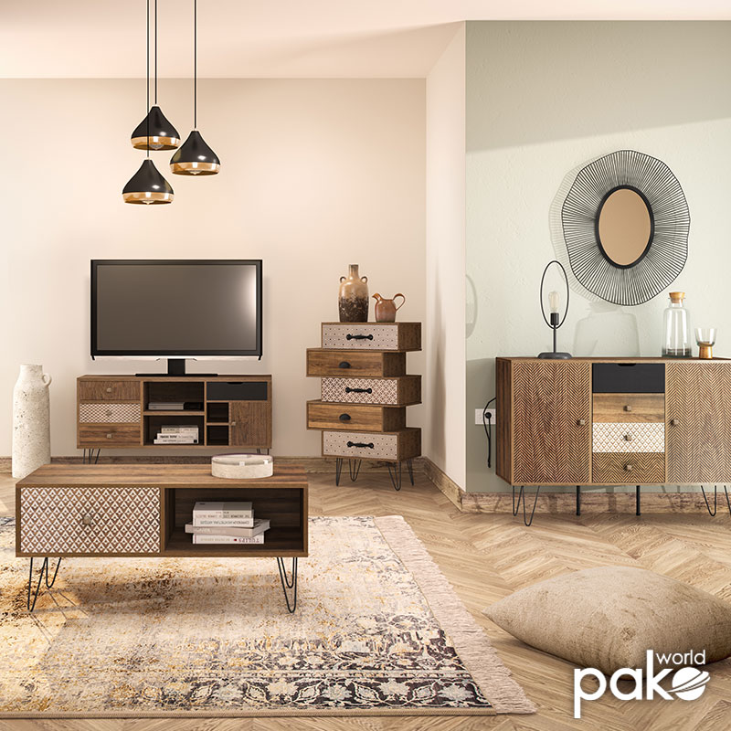 Συρταριέρα Boho pakoworld με συρτάρια-ντουλάπι καρυδί μεταλλικά πόδια 79,5x39,5x86εκ