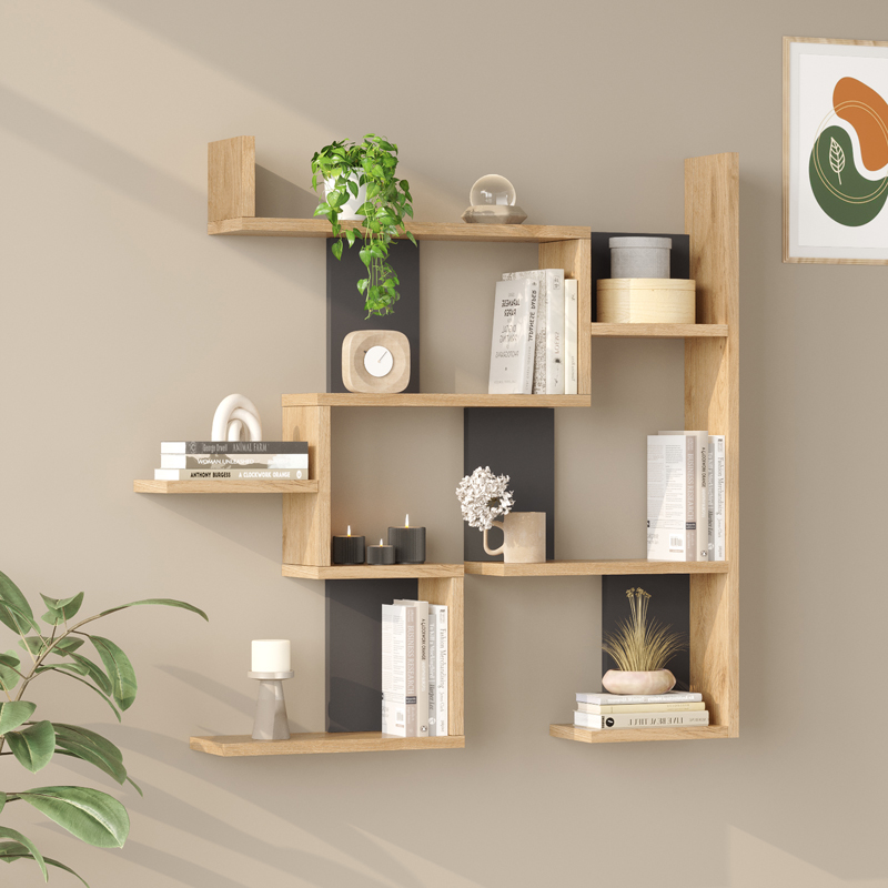Ραφιέρα τοίχου Maze pakoworld oak με ανθρακί 93,3x14,5x90εκ