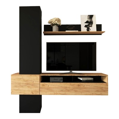 Σύνθετο σαλονιού Wendy pakoworld σε oak-μαύρη απόχρωση 195.1x37.3x219.1εκ