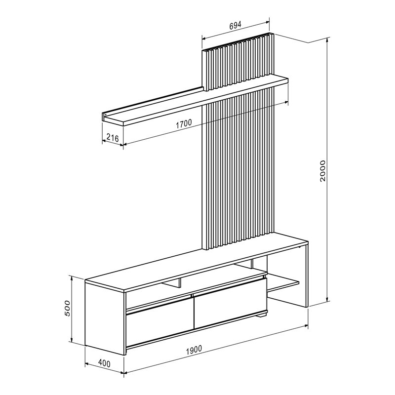 Σύνθετο σαλονιού Neo pakoworld σε oak-γκρι απόχρωση 190x40x200εκ