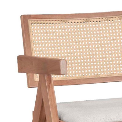 Πολυθρόνα Winslow pakoworld ξύλο rubberwood ανοικτό καρυδί-pvc rattan φυσικό-ύφασμα γκρι | 2 τμχ