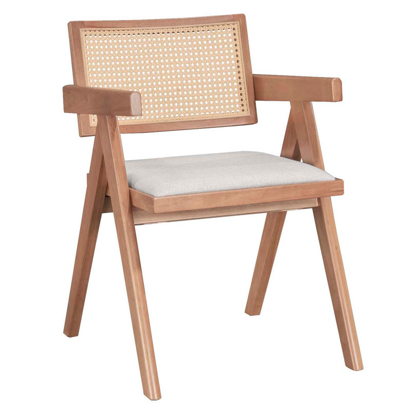 Πολυθρόνα Winslow pakoworld ξύλο rubberwood ανοικτό καρυδί-pvc rattan φυσικό-ύφασμα γκρι | 2 τμχ