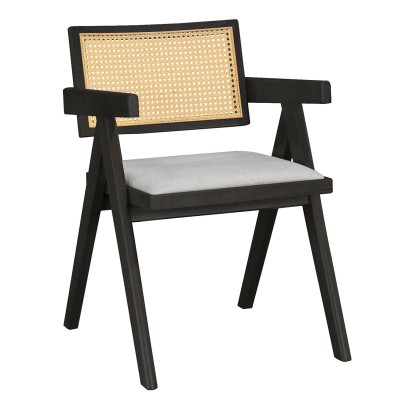 Πολυθρόνα Winslow pakoworld ξύλο rubberwood μαύρο-pvc rattan φυσικό-ύφασμα γκρι | 2 τμχ