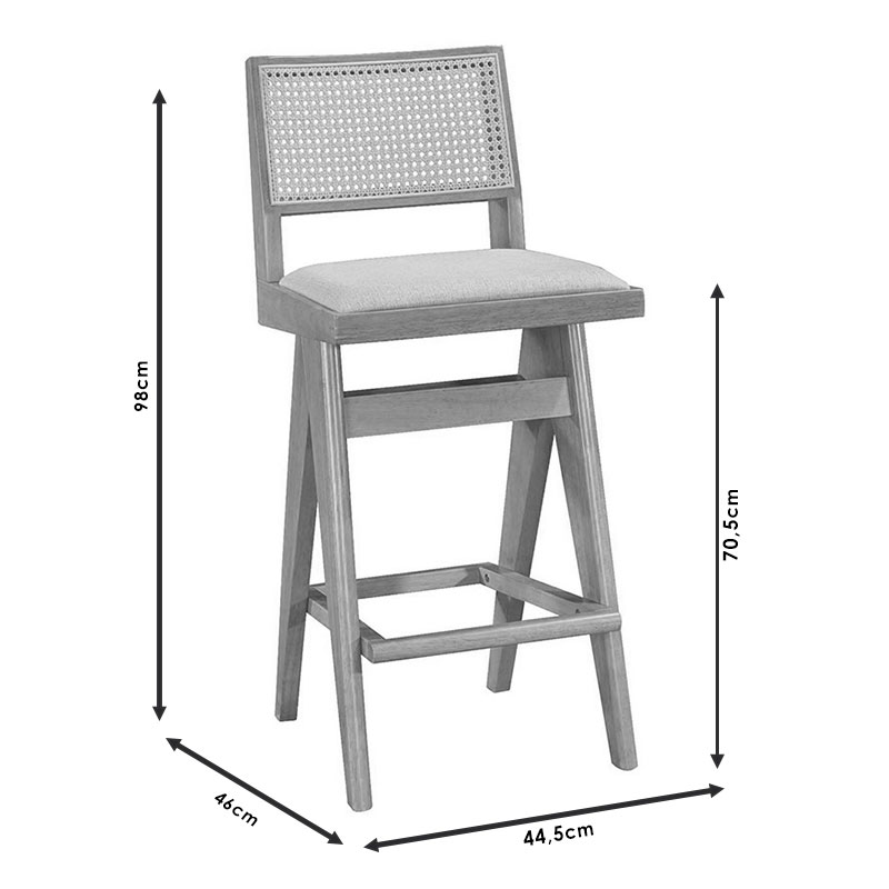 Σκαμπό bar Winslow pakoworld ξύλο rubberwood μαύρο-pvc rattan φυσικό-ύφασμα γκρι 44.5x46x98εκ | 2 τμχ