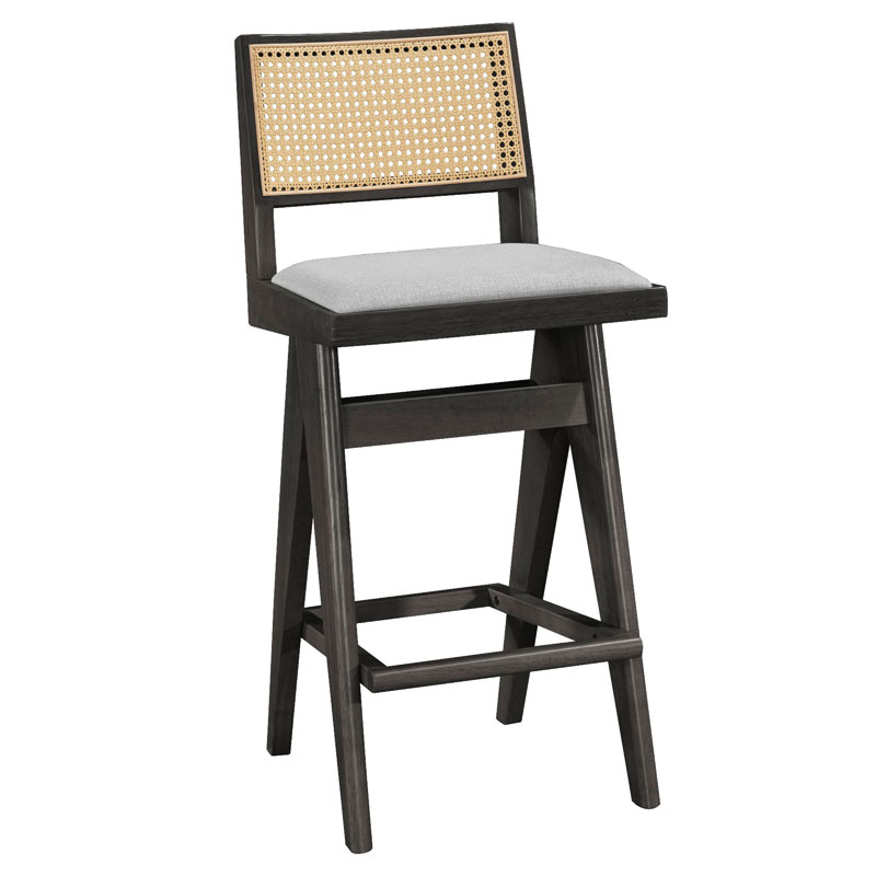 Σκαμπό bar Winslow pakoworld ξύλο rubberwood μαύρο-pvc rattan φυσικό-ύφασμα γκρι 44.5x46x98εκ | 2 τμχ