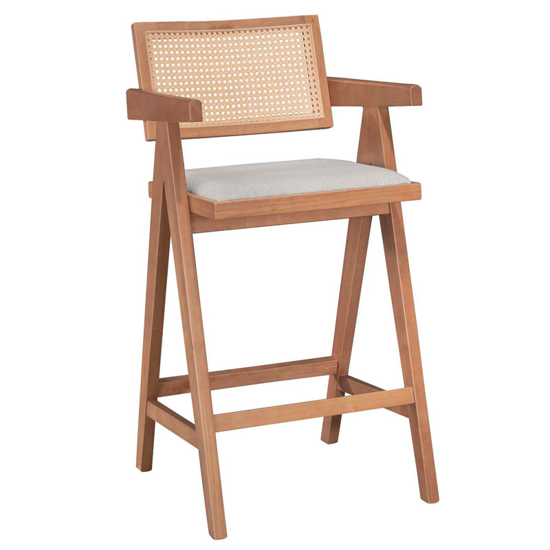 Σκαμπό bar Winslow pakoworld ξύλο rubberwood ανοικτό καρυδί-pvc rattan φυσικό-ύφασμα γκρι | 2 τμχ