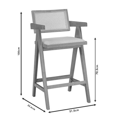 Σκαμπό bar Winslow pakoworld ξύλο rubberwood μαύρο-pvc rattan φυσικό-ύφασμα γκρι | 2 τμχ