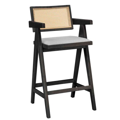 Σκαμπό bar Winslow pakoworld ξύλο rubberwood μαύρο-pvc rattan φυσικό-ύφασμα γκρι | 2 τμχ