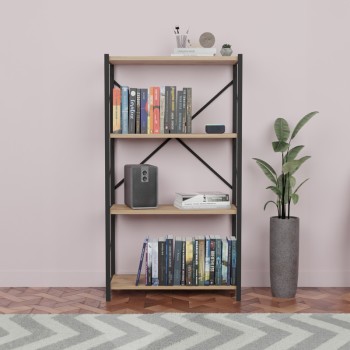 Βιβλιοθήκη Jackrey pakoworld oak μελαμίνης-μαύρο μέταλλο 63x30x114εκ
