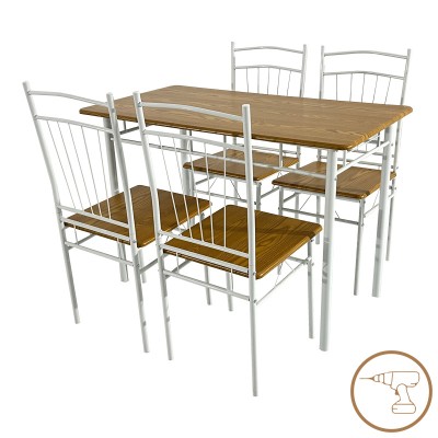 Τραπεζαρία Reforia pakoworld σετ 5τμχ mdf σε φυσική απόχρωση με λευκά μεταλλικά πόδια 110x60x74εκ