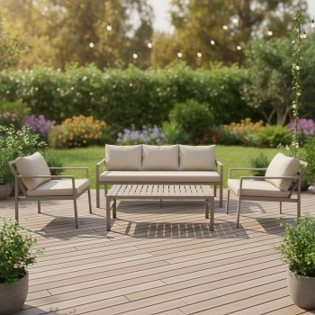 Σαλόνι Gardenly Ι pakoworld σετ 4τμχ αλουμίνιο σε απόχρωση cappuccino με γκρι-μπεζ μαξιλάρια