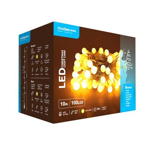 Modee Lighting Χριστουγεννιάτικα Λαμπάκια LED Τύπου Berry με Τροφοδοτικό (100LED/10m/10cm) Θερμό Λευκό