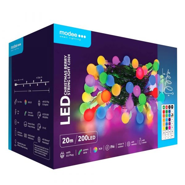 Modee Χριστουγεννιάτικα Λαμπάκια LED Τύπου Berry με Βύσμα & Τηλεχειριστήριο (200LED/20m/10cm) RGB