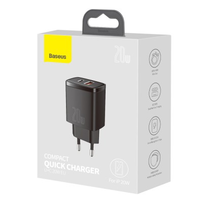 Baseus Φορτιστής Χωρίς Καλώδιο με Θύρα USB-A και Θύρα USB-C 20W Power Delivery / Quick Charge 3.0 Μαύρος (CCXJ-B01)
