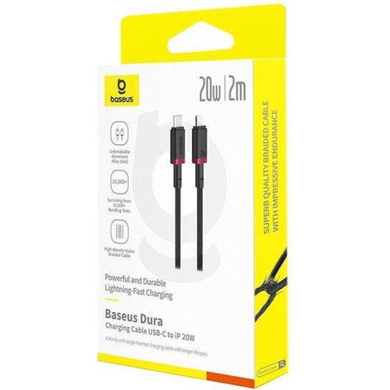 BASEUS DURA SERIES, ΚΑΛΩΔΙΟ ΓΡΗΓΟΡΗΣ ΦΟΡΤΙΣΗΣ, TYPE-C ΣΕ LIGHTNING, 20W, 2m, ΚΟΚΚΙΝΟ-ΜΑΥΡΟ