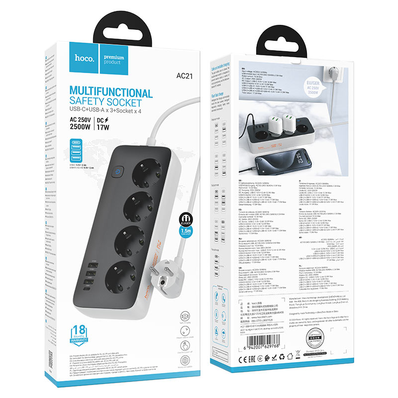 HOCO AC21 Power strip Sunlight 4 ports + 4 sockets EU