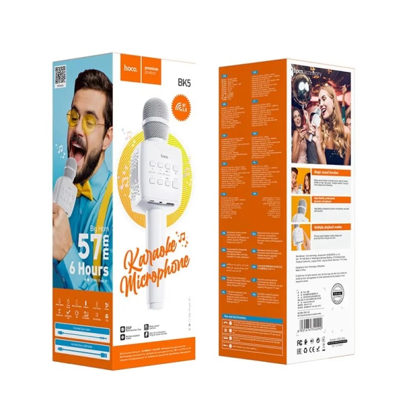 Hoco BK5 Ασύρματο Μικρόφωνο και Ηχείο Cantando V.5.0 Λευκό 5W με Λειτουργία Karaoke και Υποδοχή Micro SD Κάρτας