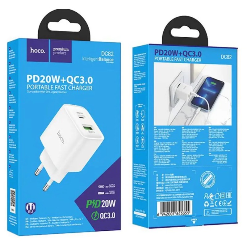 HOCO DC82 Φορτιστής Ταξιδίου 1xUSB-C PD20W 1xUSB-A 18W QC Λευκός
