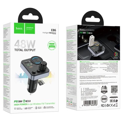 Hoco E86 Bluetooth FM TransmitterAlegria 48W με 2xUSB-A και 1xUSB-C BT 5.4 Υποστηρίζει και Αναπαραγωγή απο TF Card