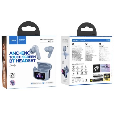 Hoco EQ21 Wireless Hands Free Sandy 400mAh v5.4 με ANC ENC TWS 7 Ώρες Ομιλίας και Οθόνη Αφής Μπλε