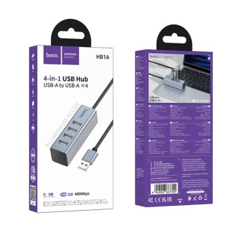 Hoco HB1A Hub USB 4-in-1 USB2.0 σε 4xUSB2.0 480Mbps 5V/3A Metal Gray 1.2m