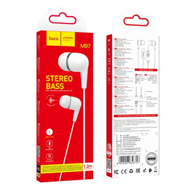 Hoco M97 Hands Free Enjoy Universal Earphones Stereo Bass USB-C με Μικρόφωνο USB-C Λευκό 1.2m