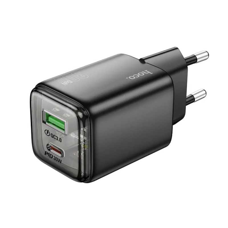 Hoco N53 Φορτιστής Ταξιδίου Small Size Monsoon PD30W QC3.0A GaN με 2 Εξόδους Φόρτισης 1xUSB-A και 1xUSB-C Μαύρος
