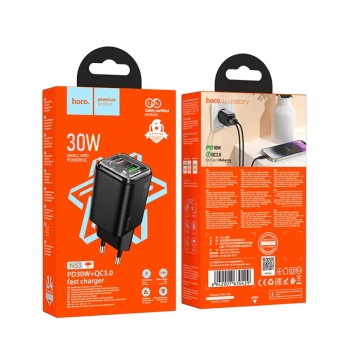 Hoco N53 Φορτιστής Ταξιδίου Small Size Monsoon PD30W QC3.0A GaN με 2 Εξόδους Φόρτισης 1xUSB-A και 1xUSB-C Μαύρος