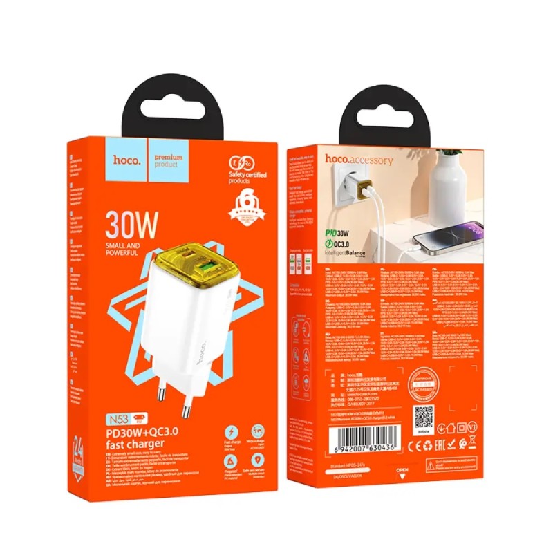 Hoco N53 Φορτιστής Ταξιδίου Small Size Monsoon PD30W QC3.0A GaN με 2 Εξόδους Φόρτισης 1xUSB-A και 1xUSB-C Λευκός