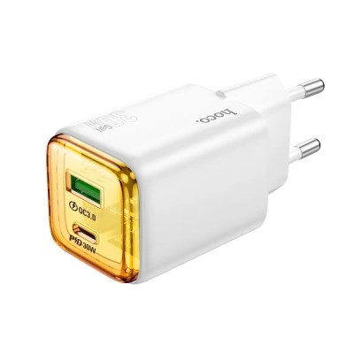 Hoco N53 Φορτιστής Ταξιδίου Small Size Monsoon PD30W QC3.0A GaN με 2 Εξόδους Φόρτισης 1xUSB-A και 1xUSB-C Λευκός