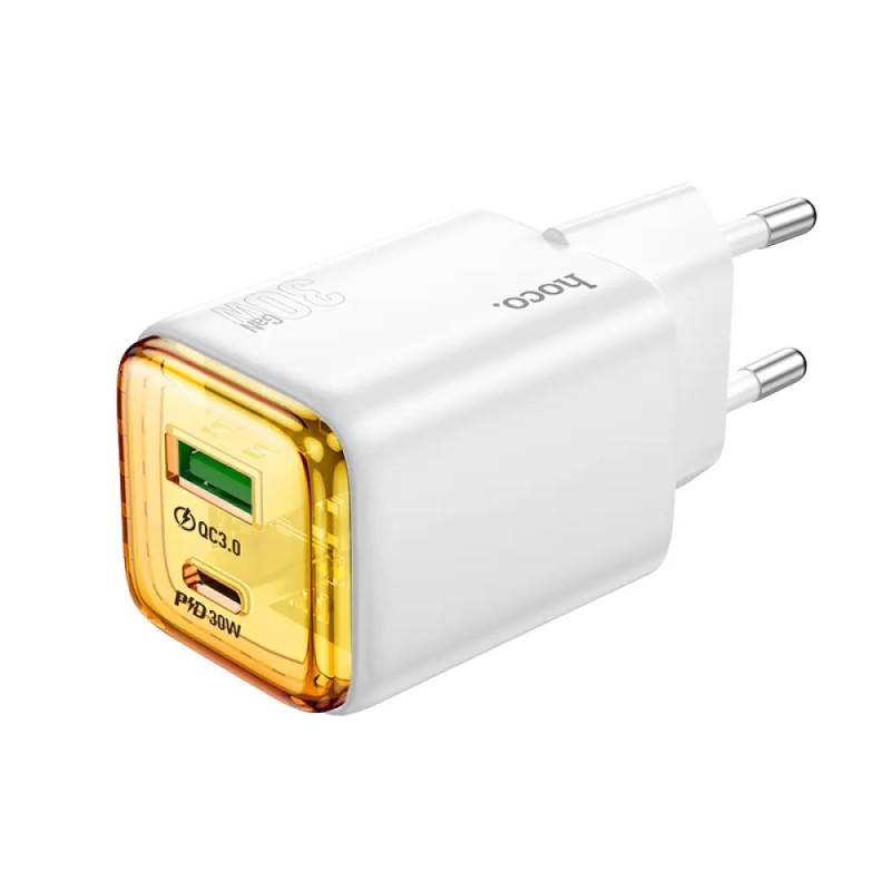 Hoco N53 Φορτιστής Ταξιδίου Small Size Monsoon PD30W QC3.0A GaN με 2 Εξόδους Φόρτισης 1xUSB-A και 1xUSB-C Λευκός