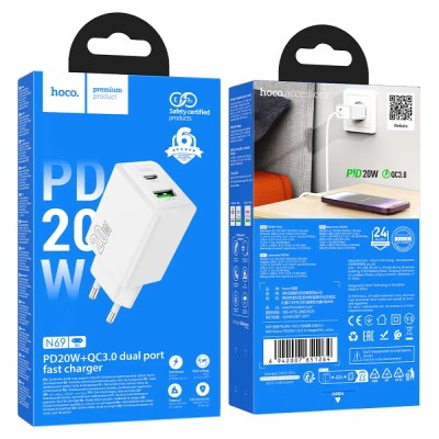 Hoco N69 Φορτιστής Ταξιδίου Nuevo PD20W QC3.0A 5V με 2 Εξόδους Φόρτισης 1xUSB-C και 1xUSB-A Λευκός