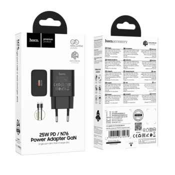 Hoco N76 Φορτιστής Ταξιδίου Star GaN 25W Fast Charge με 1xUSB-C και Καλώδιο USB-C σε USB-C Μαύρος