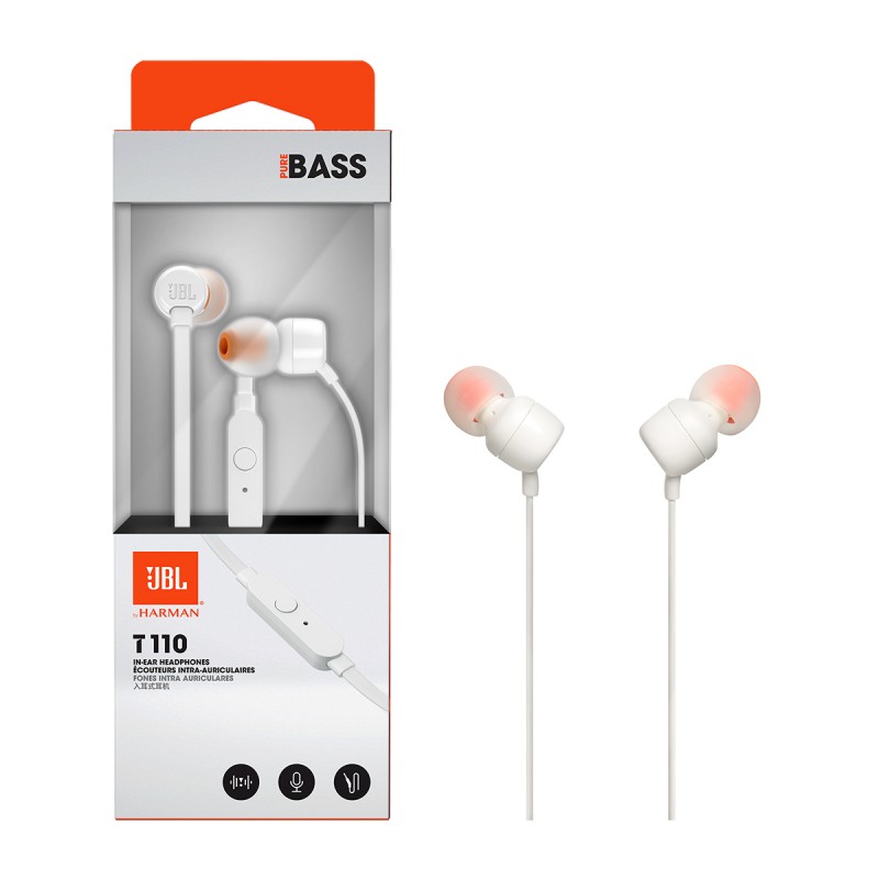 JBL T110, InEar Universal Headphones 1-button Mic/Remote (White)