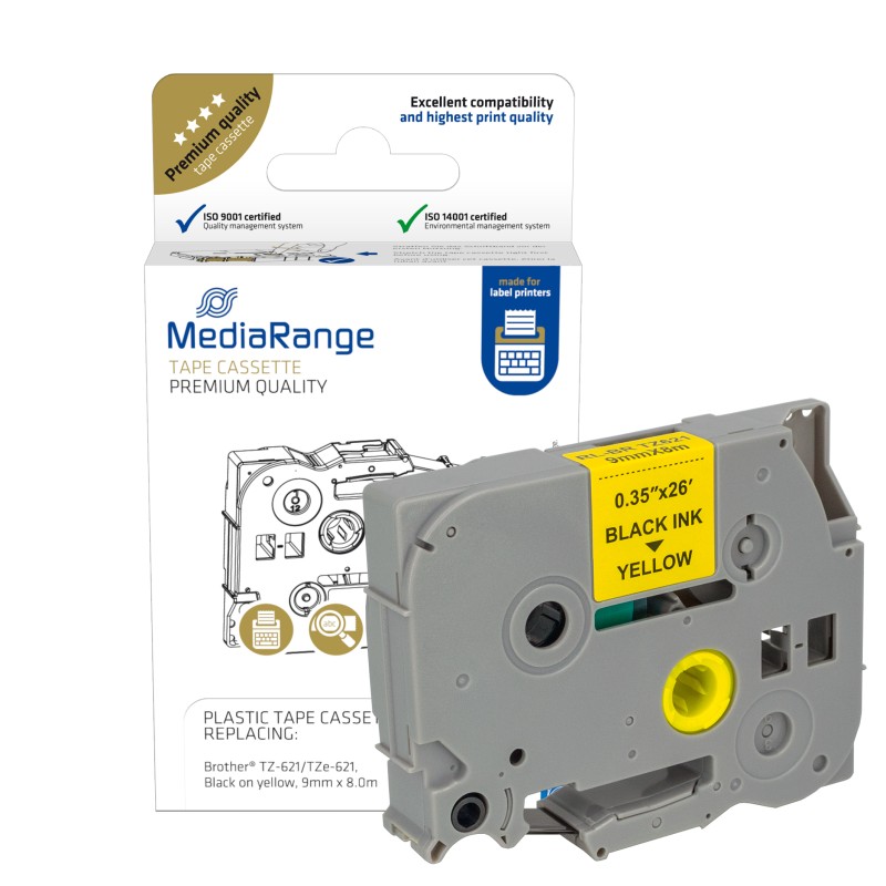 Mediarange Πλαστική Ταινία Ετικετογράφου (Brother TZ-621/TZe-621) 9 mm x 8 m (Μαύρα Γράμματα σε Κίτρινο Φόντο) (MRBTZ621)