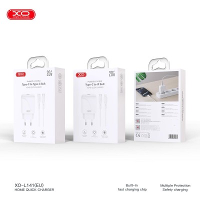 XO L141 φορτιστής 20W, 1 θύρα TYPE-C με καλώδιο PD σε LIGHTNING, Λευκό