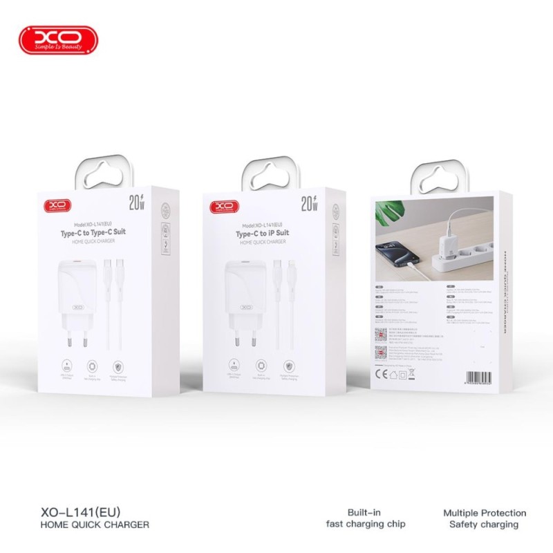 XO L141 φορτιστής 20W, 1 θύρα TYPE-C με καλώδιο PD σε LIGHTNING, Λευκό