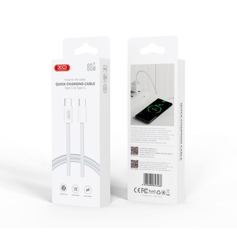 XO NB-Q260A Cable Type-C - Type-C, 60W, Braided, PD white 1M