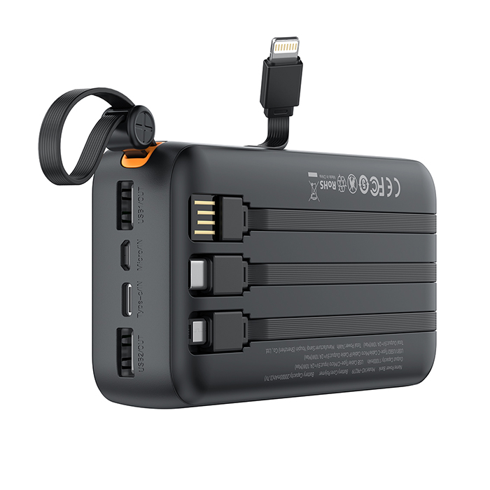 XO PR279 Power Bank 20.000 mAh, με 4 ενσωματωμένα καλώδια σε μαύρο χρώμα