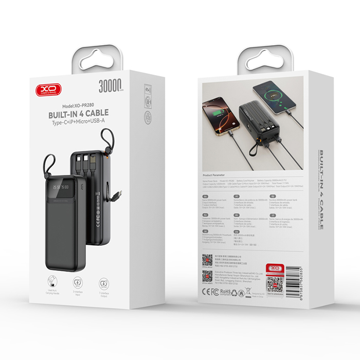 XO PR280 Powerbank 30.000mAh, με 4 ενσωματωμένα καλώδια (USB-A, USB-C, MICRO, LIGHTNING)